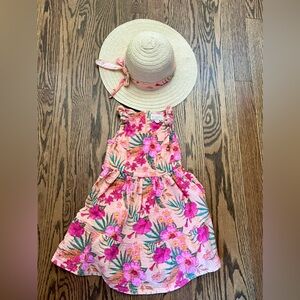 btween Floral Orange, Pink and Green Toddler Dress with Sun Hat